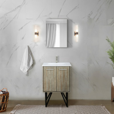 Rustic Bath Vanity 24 In. W With White Quartz Top, Brushed Nickel Faucet Thought And 18 Ladybug - Shaped Mirror Bathroom Wide Counter, Assembly Vertical