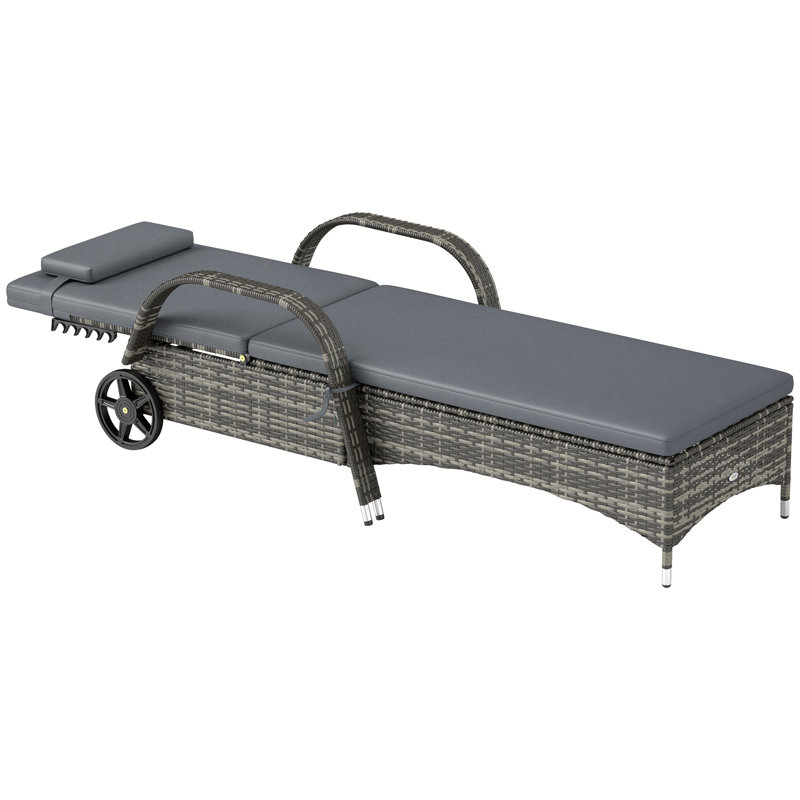 Chaise longue d'extérieur, chaise longue de piscine en rotin à dossier réglable à 5 niveaux avec roulettes, coussin et appui-tête, gris