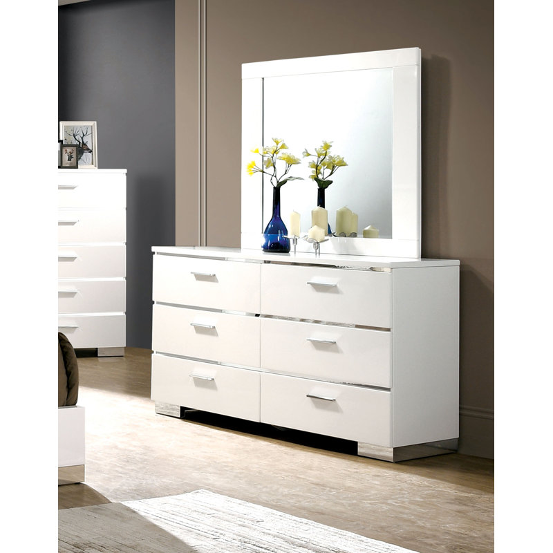 Commode double 6 tiroirs avec miroir Donnellson, Blanc
