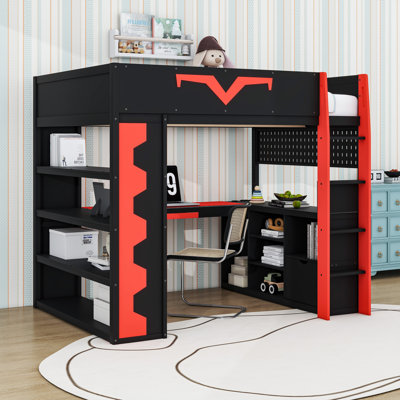 Full Size Loft Bed with App-Controlled RGB Lighting,Shelves and Ladder