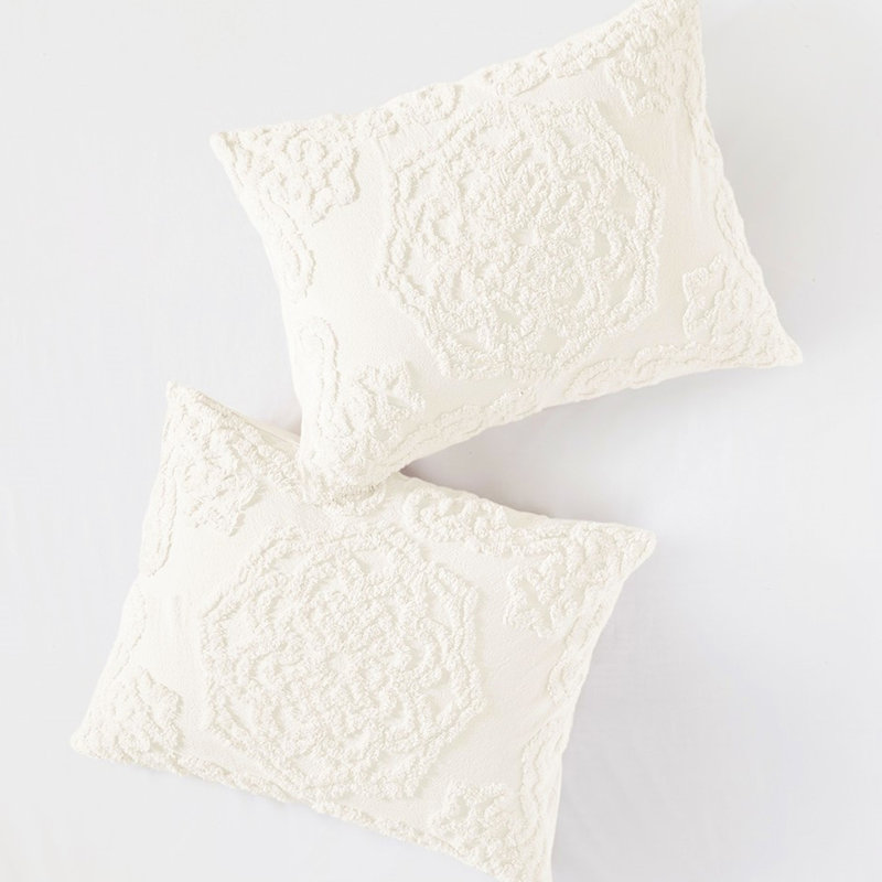 Édredon simple / simple TG en coton chenille - literie 100% médaillon 2 pièces, Blanc cassé