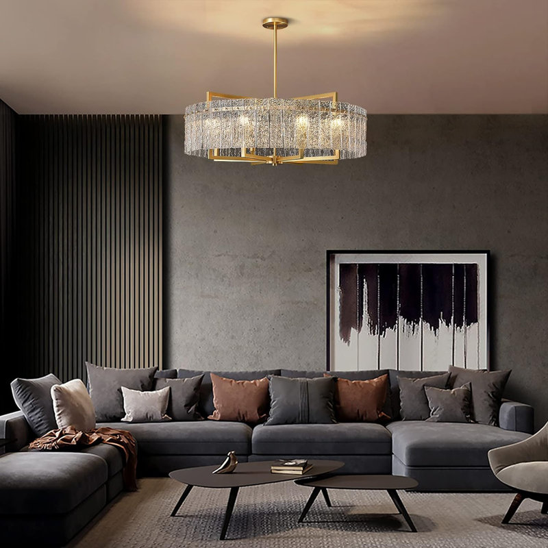 Lustre tambour 8 lumières avec verre texturé Friedhardt, H 10,6 po x l 33,5 po x P 33,5 po, Doré