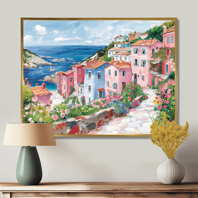 Rose, vert, charmant, Italie, bord de mer, village II - art mural Italie