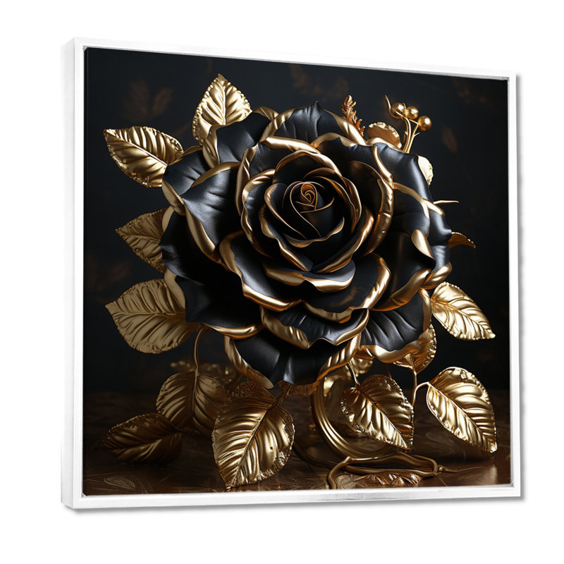Décoration murale noire rose doré doré et feuilles dorées - rose, H 30 po x l 30 po x P 1 po, Toile encadrée flottée blanche