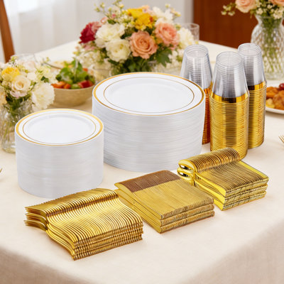 Gold Disposable Party Plates & Cutlery Set For 100 Guests | 600-Piece Dinnerware Set With Plates, Forks, Knives, Spoons & Cups For Elegant Events & Easy Cleanup