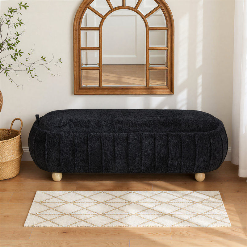 Banc de rangement moderne capitonné de 55 po de largeur avec couvercle rabattable et pieds en bois d'hévéa, Noir