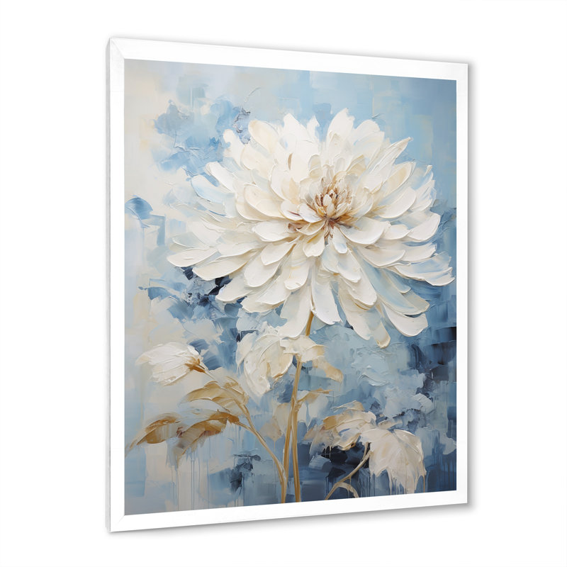 Fleur de dahlia blanc et bleu minimalisme II - imprimé, Cadre simple blanc, H 44 po x l 34 po x P 1,5 po