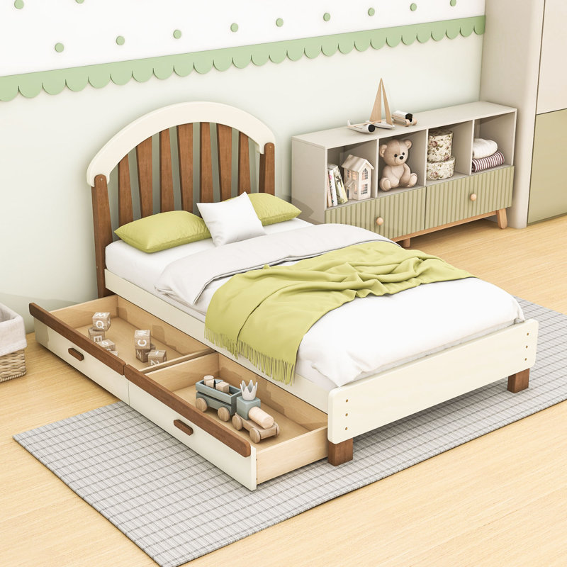 Lit plateforme en bois avec 2 tiroirs, tête de lit et lattes, Twin, Beige Deep Natural