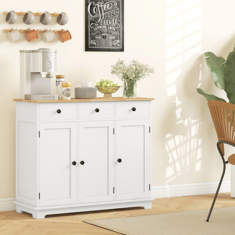 Buffet de comptoir en bois massif - armoire de rangement moderne avec 3 tiroirs, portes, tablette réglable blanche pour salle d'exposition