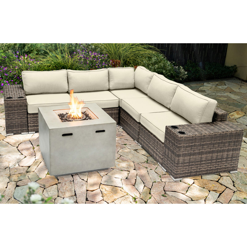 Ensemble de conversation modulaire 8 pièces avec coussins Sunbrella et foyer en béton Lsi, Toile Sunbrella