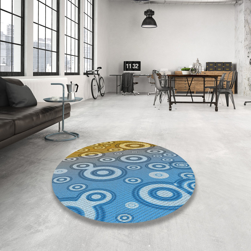 Tapis bleu/jaune tissé à la machine, Rond 5 pi