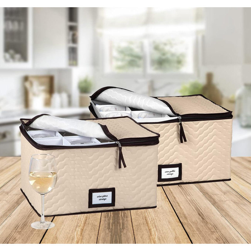 Rangement pour verres à vin avec séparateurs - (paquet de 2 tailles) pouvant contenir 12 verres de taille standard jusqu'à H 10 po - Étui de rangement pour verres à pied, beige