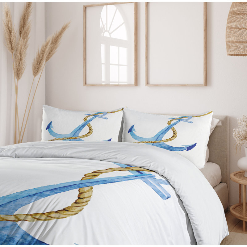 Anchor Watercolor Coastal Queen Duvet Cover Set with Pillow Shams