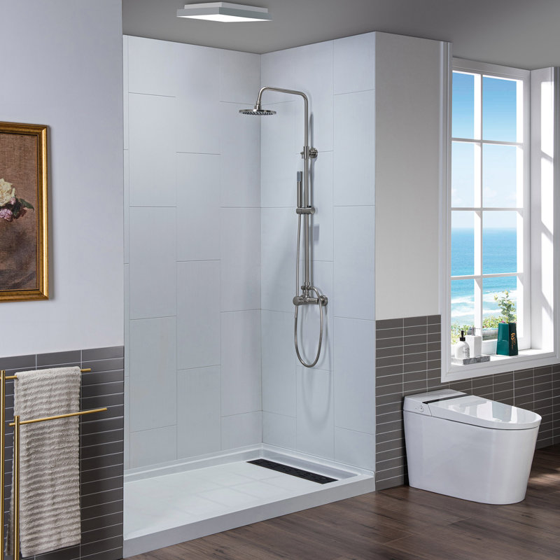 Matte White Composite Alcove Shower Wall Panels, 75" H x 60" W
