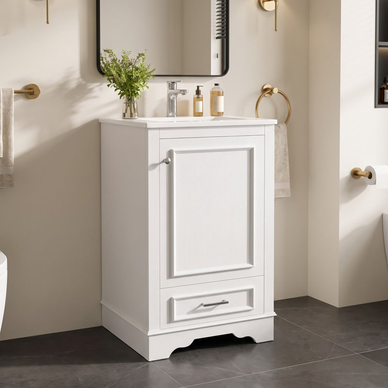 Meuble-lavabo autoportant de 50 cm avec lavabo en céramique, tiroir, porte à fermeture douce et tablette réglable – Meuble de rangement compact pour petites salles de bain et salles d'eau