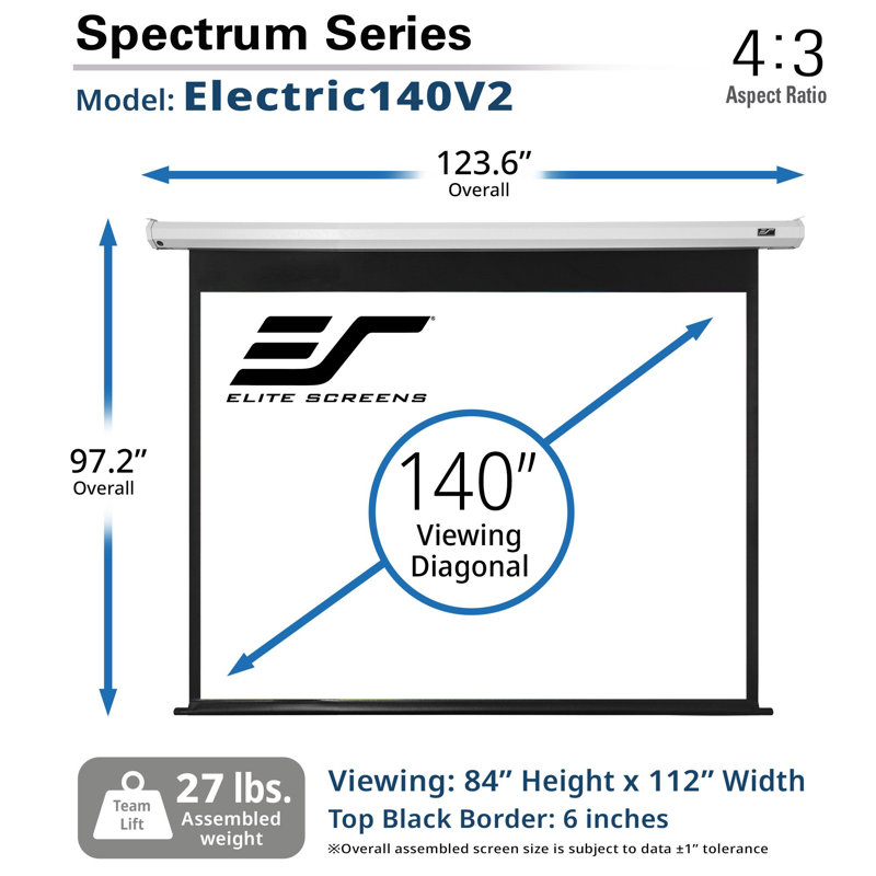 Spectrum Elecric Matte White Front Projector Screen, 140" Diag., 4:3, 84"x112"", IR/RF Remotes, 12v trigger, White Casing