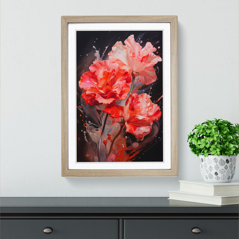 Carnation Flower Action Painting 1 Piece Single Picture Frame Wall Art, 64cm H x 46cm W x 2cm D, Oak Framed