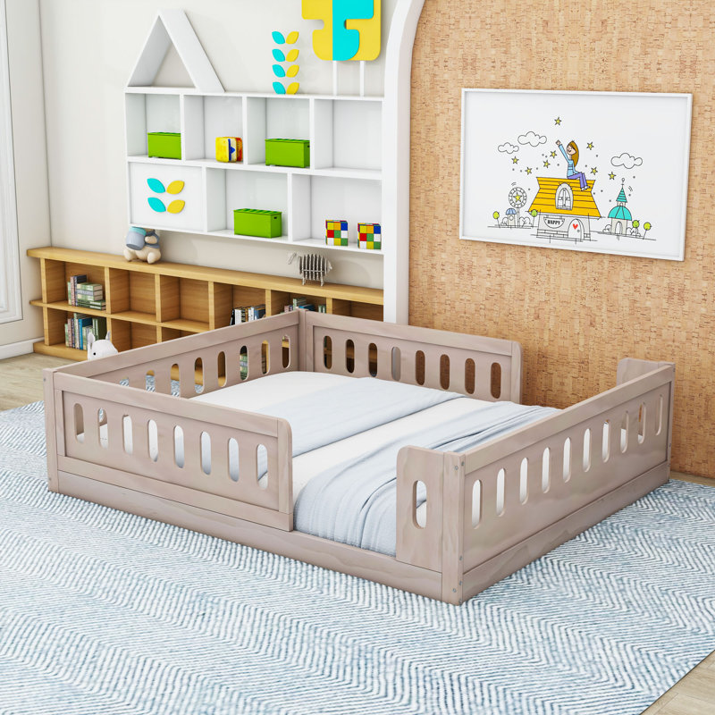 Full Wood Platform Bed With Guardrail, Natural