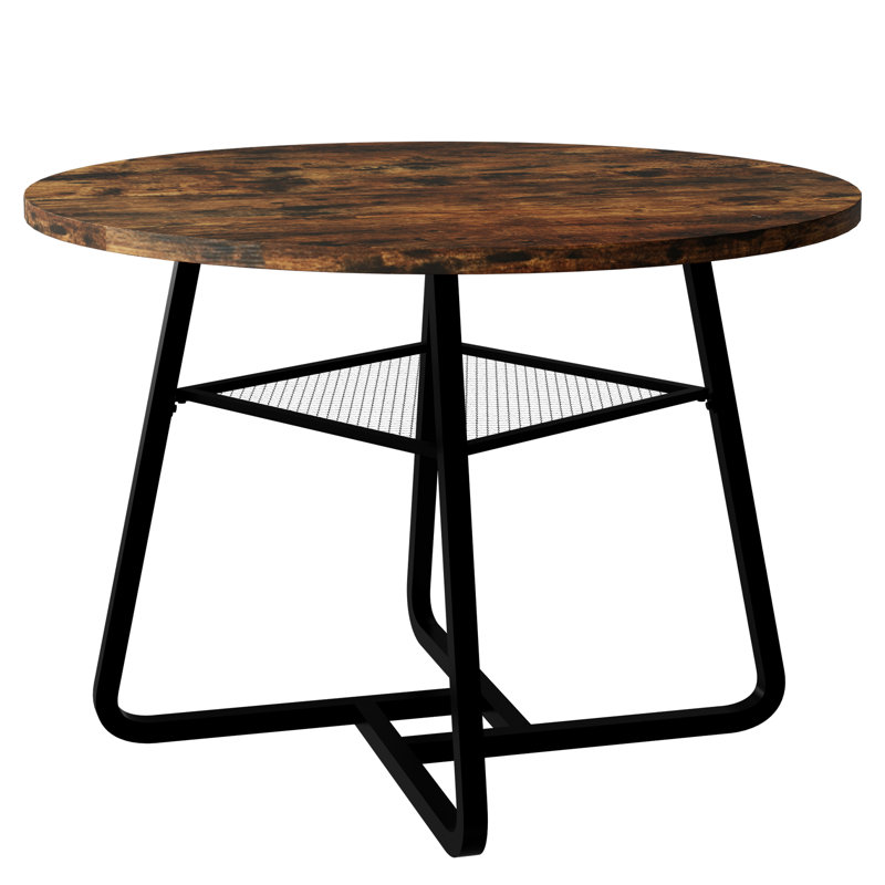 43" Industrial Round Dining Table for 4-6,Metal Mesh Shelf & Black Frame for Kitchen,Dining Room, Walnut Brown