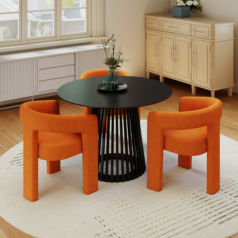 Ensemble de salle à manger moderne, Noir, 4 pièces: table, 3 chaises, Orange