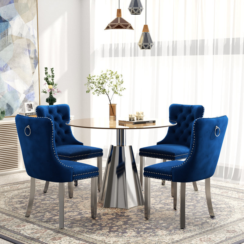 Ensemble de table de salle à manger moderne avec plateau de table en velours capitonné, 5 pièces: table, 4 chaises, Bleu