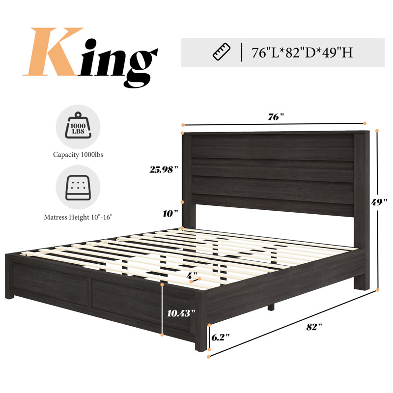 Louby 49" Farmhouse King Platform Bed, Black, Black, King