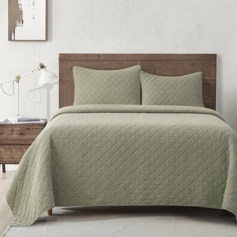 Stonewashed Cotton Gauze Solid Color Classic Casual Modern Rustic Quilt Set, Twin Quilt + 1 Standard Sham, Celadon