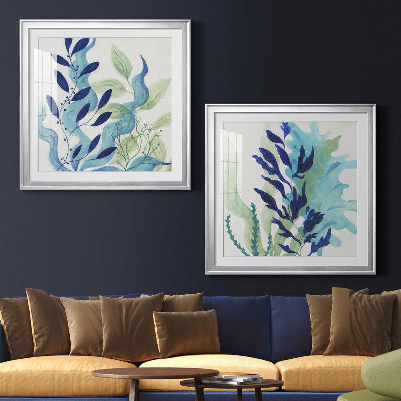 Blue Coral I - ensemble de 2 peintures, Impression encadrée avec passe-partout, H 22,5 po x l 45 po, Silver