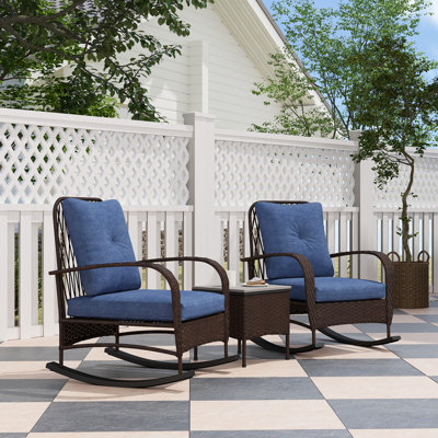 3 Pieces Wicker Patio Furniture Set, PE Rattan Rocking Chairs with Coffee Table, Cushions, Outdoor Bistro Set for Porch, Garden, Poolside by Dakota Fields
