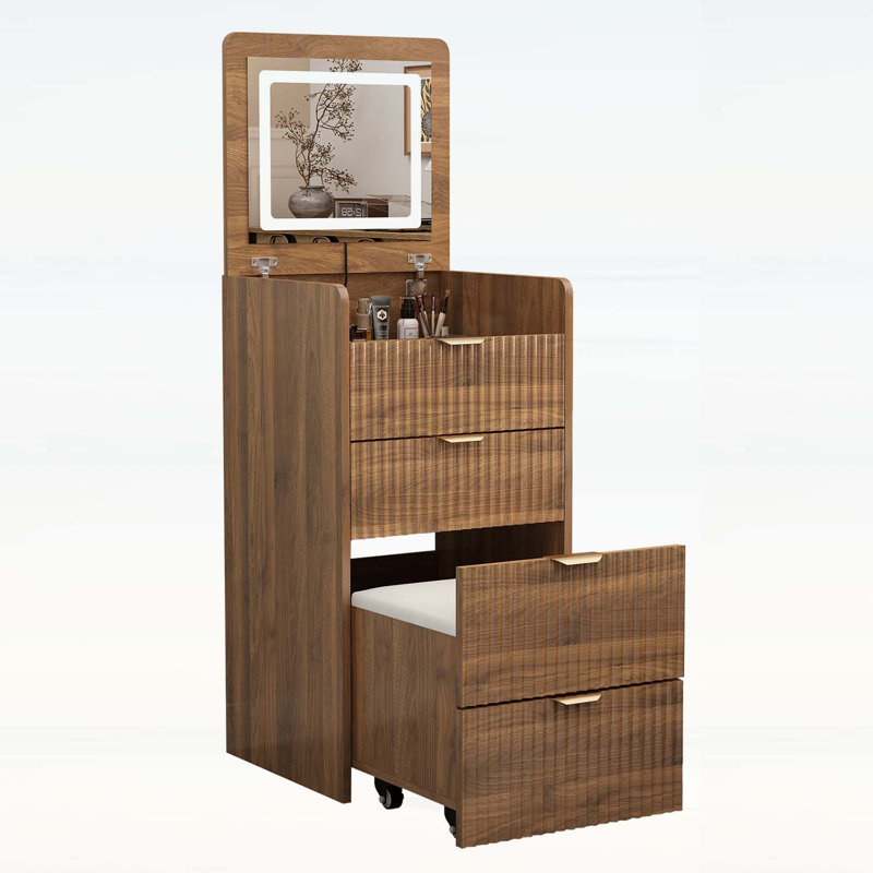 Bureau de coiffeuse 3 en 1 avec miroir rabattable, lumières et charge, conception compacte avec 3 tiroirs et tabouret roulant pour les chambres modernes