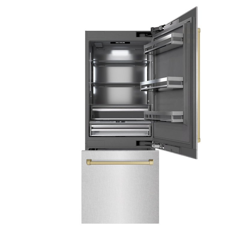 ZLINE Autograph 30 in. White Matte Built-In Refrigerator w/ Gray & Black Accents, Satin Stainless Steel/Bronze