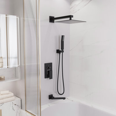 Système de douche mural encastré avec robinet mitigeur thermostatique, pommeau de douche carré effet pluie de 25 cm, douchette et bec de baignoire, ensemble de robinetterie de douche 3 fonctions noir mat, robinetterie encastrée en laiton massif