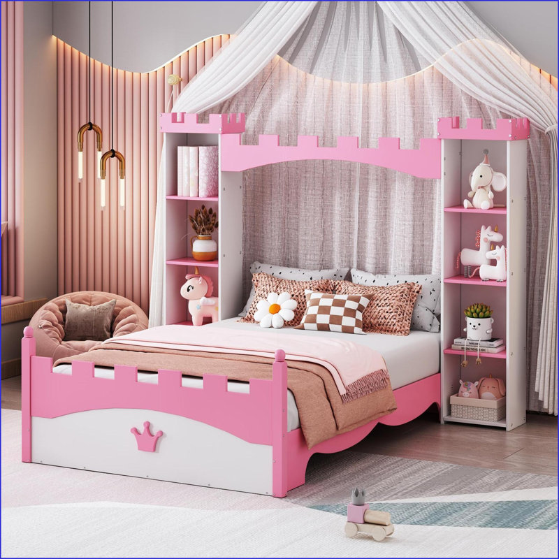 Lit plateforme simple en bois de pin MDF avec tablettes de rangement, lit en forme de château blanc et rose