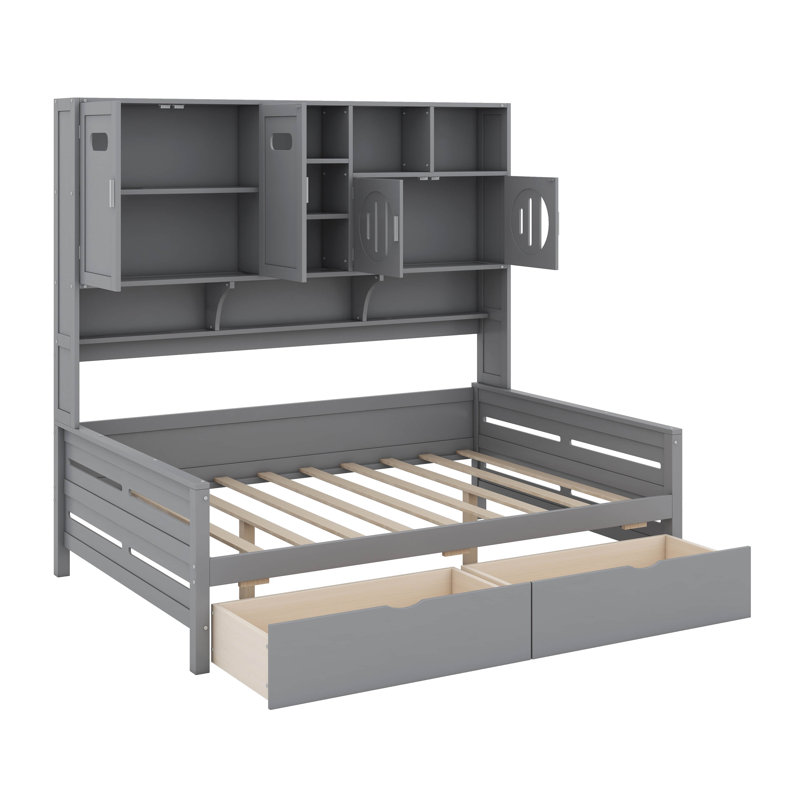 Lit de jour double en bois avec 2 tiroirs, armoire et tablettes, Gris