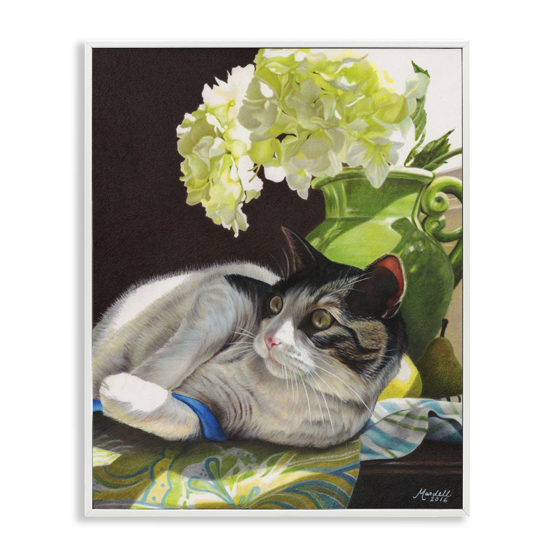 Chat et ruban bleu par Mardell Schuster, Giclée encadrée blanc bord de mer, H 30 po x l 24 po