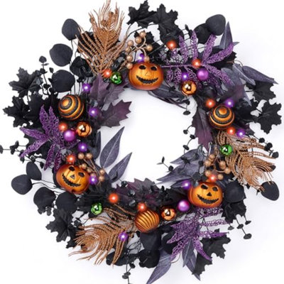 Collapsible Halloween Wreath For Front Door With Lights, 24 Inch Pre-Lit Jack-O'-Lantern Pumpkin Wreath Halloween Decorations For Centerpiece Window Indoor Party Holiday Wall Home Décor