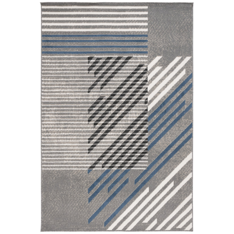 Tapis rayé en jute / sisal / polypropylène tissé à la machine Padro - gris / bleu / ivoire, Rectangle 4 pi 5 po x 6 pi 5 po