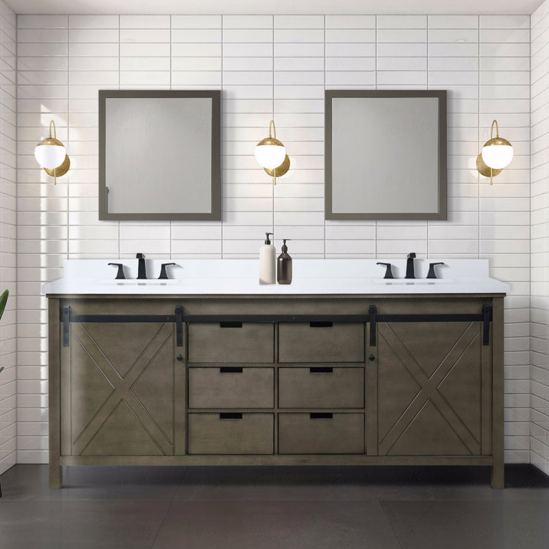 Meuble-lavabo à double cuve 80 po de largeur x 22 po de profondeur, comptoir en quartz blanc, Brun, 81", Quartz blanc