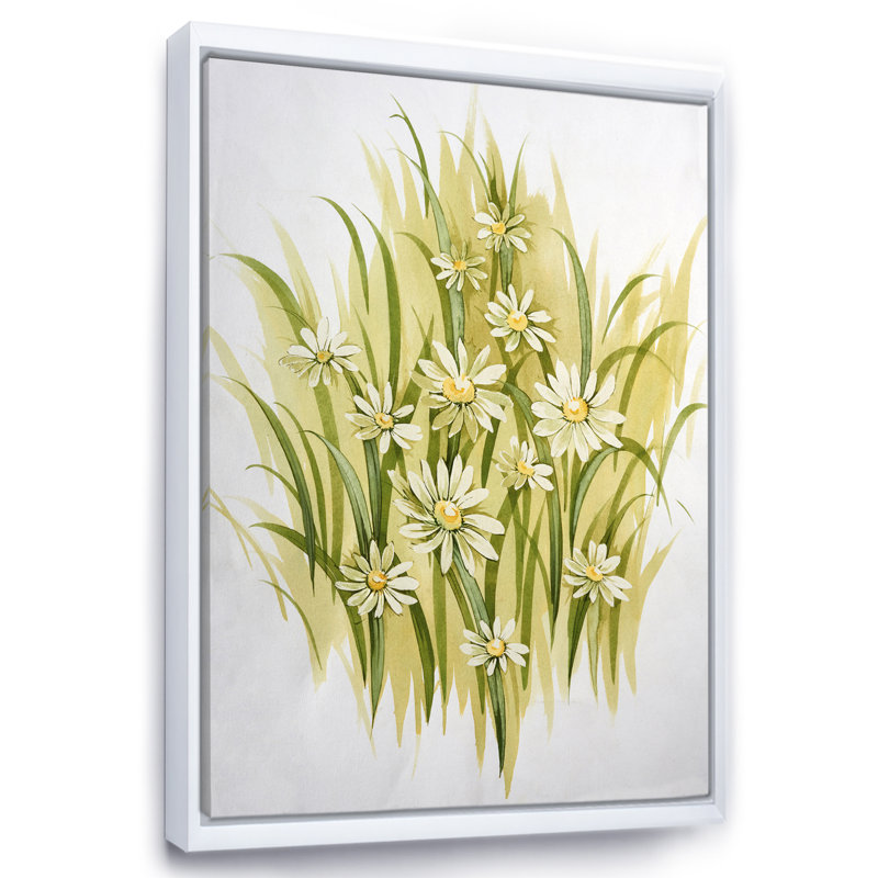 Fleurs de prairie blanches - Peinture sur toile, H 32 po x l 16 po x P 1 po, Cadre flottant blanc