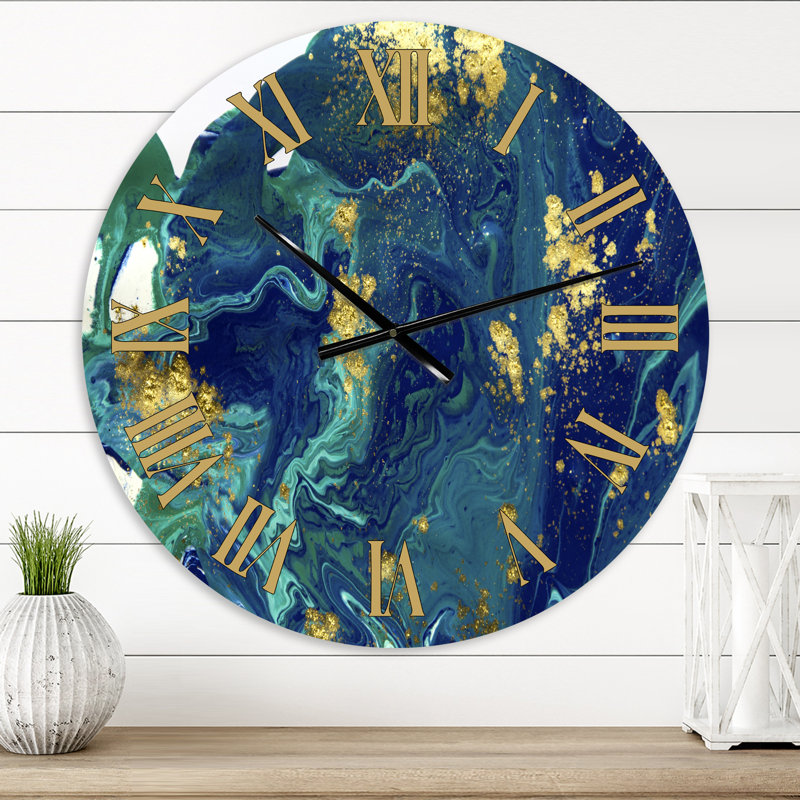 Marbre doré sur univers bleu foncé - horloge murale moderne, Surdimensionné