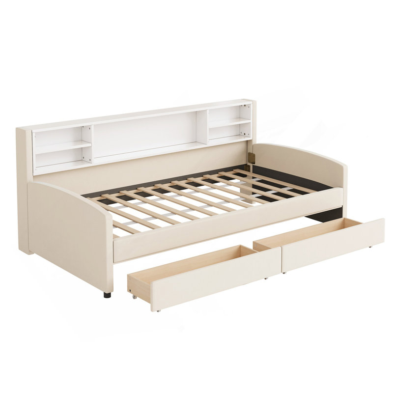 Lit plateforme tapissier simple en velours | avec tiroirs de rangement à roulement en douceur et tablette latérale intégrée | Tête de lit moelleuse pour le confort | Structure robuste | Idéal pour la chambre à coucher et les petits espaces