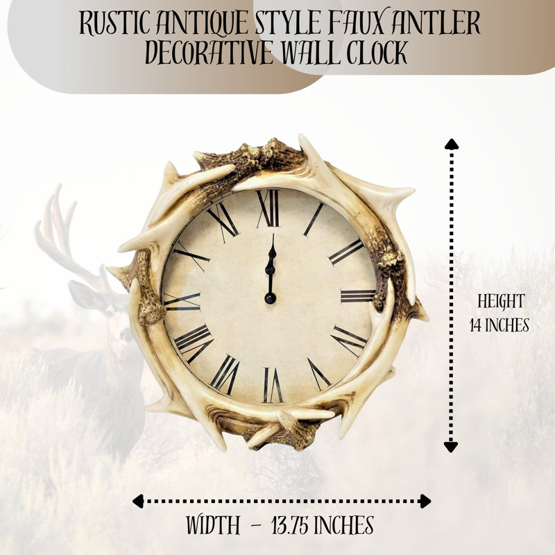 Resin Rustic Wall Clock Faux Antler Design 14''