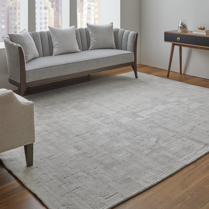 Tapis abstrait en viscose tissé à la main en ivoire, Rectangle 3 pi x 5 pi