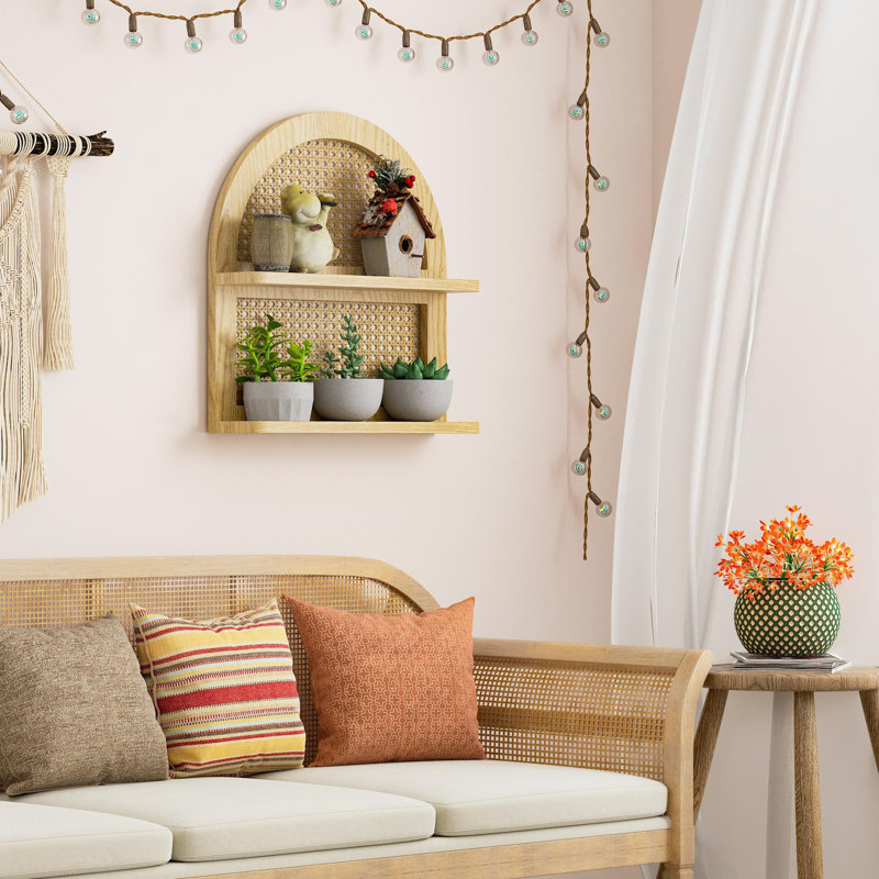Étagère murale boho en rotin, tablette flottante arquée en bois naturel à 2 niveaux