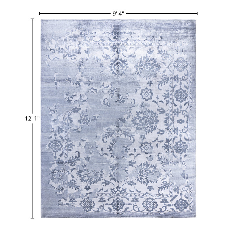 Gray Hand-Knotted Silk Rectangular Area Rug, 9' 4" x 12' 1"