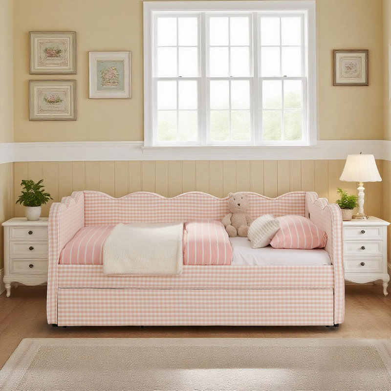 81"Gingham Daybed Twin Size Sofa Bed  Stylish, Space-Saving Comfort With Usb Charging, Pink
