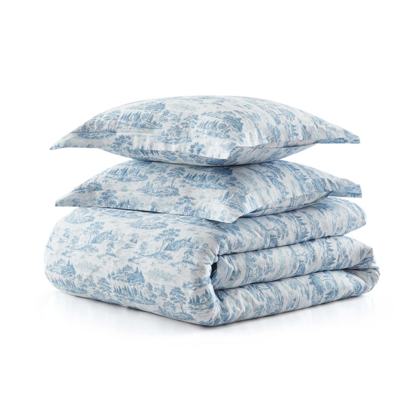 Martha Stewart Farmhouse Toile Cotton Reversible Blue Comforter Set, King Comforter + 2 King Shams
