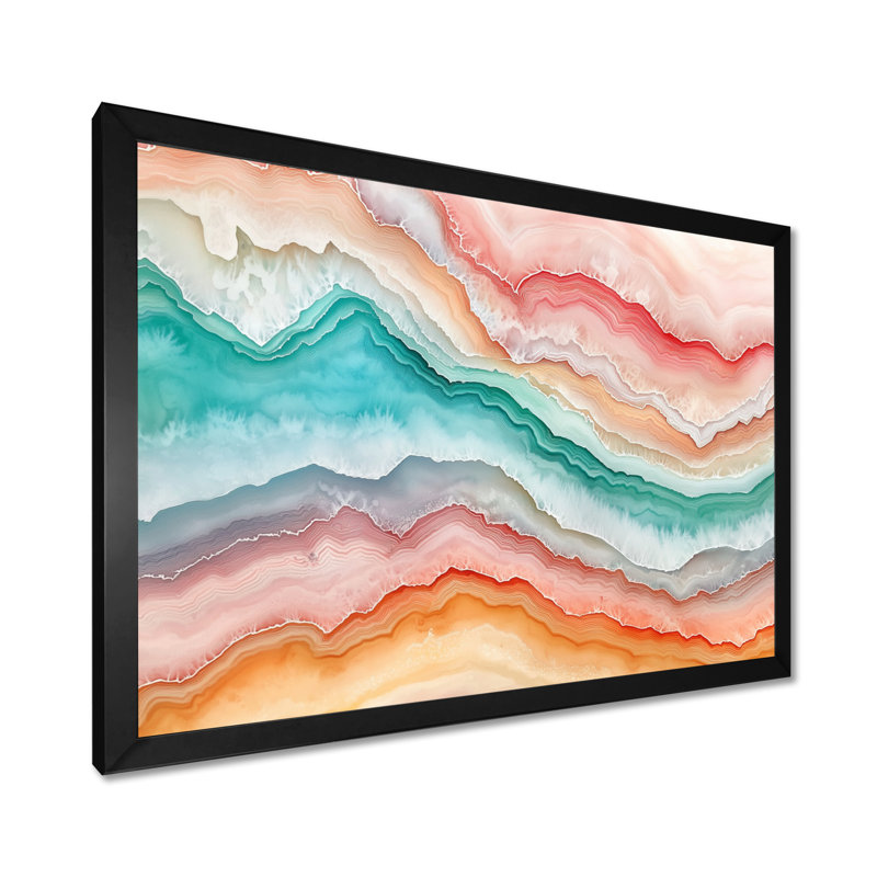 Décoration murale verte et rose en cascade d'agate - Géode de pierre, H 16 po x l 32 po, Reproduction encadrée, Noir