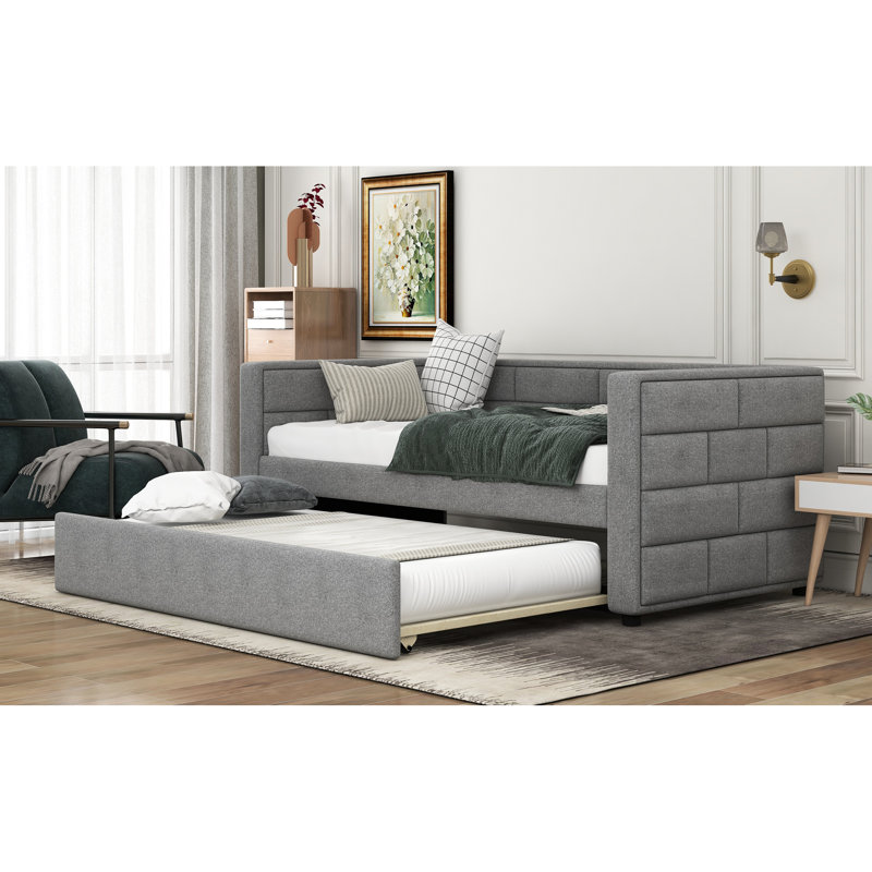 Lit de jour simple gris avec lit gigogne, dossier rembourré rembourré, structure solide pour chambre à coucher avec dossier solide