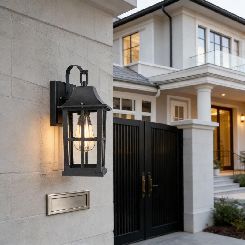 Modern Outdoor Wall Light Fixture With Clear Glass Shade, All-Weather Rust-Proof Aluminum Construction For Porch, Patio, Garage, And Doorway